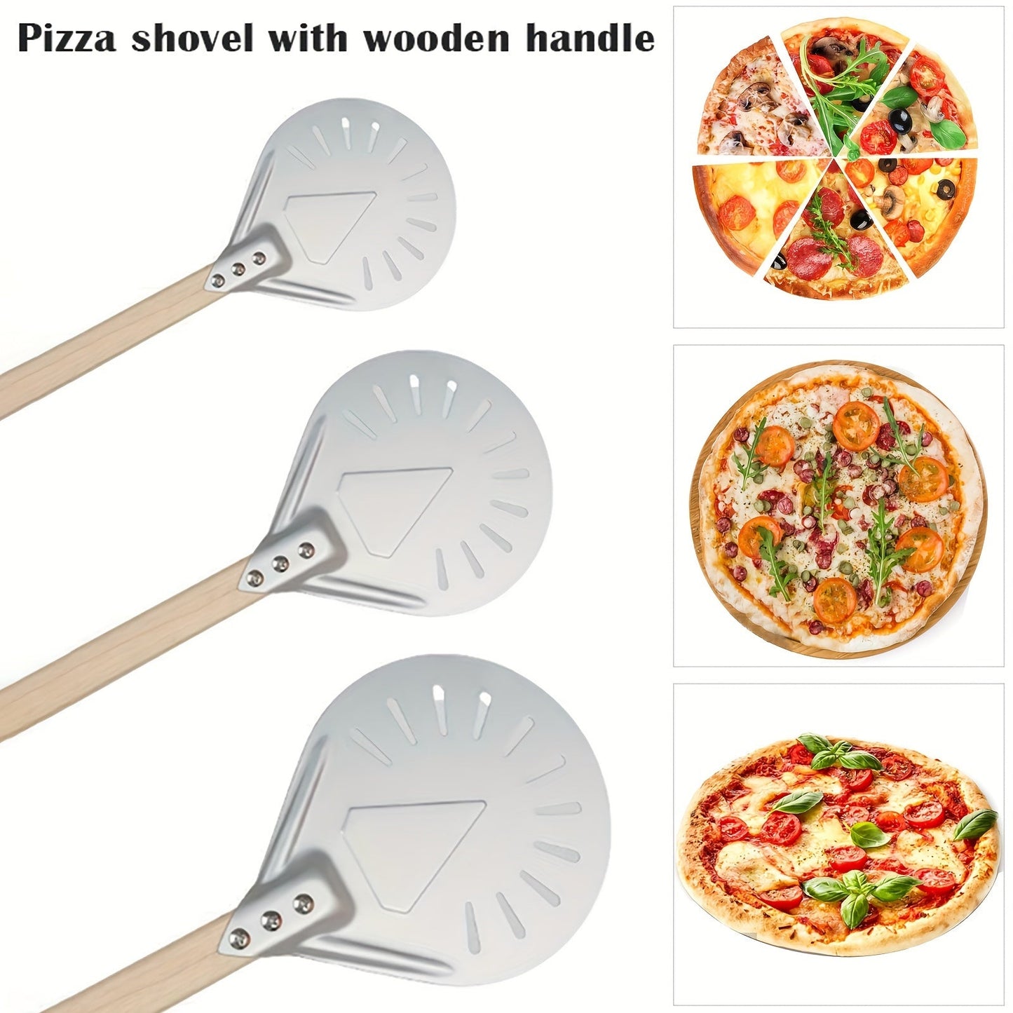 Pizza shovels with wooden handles measuring 8 and 22.86 cm, made of stainless steel