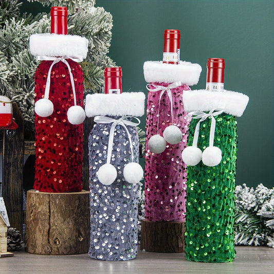 New style Christmas ornament with colorful sequins, wine bottle cover, perfect for wine lovers' party decoration.