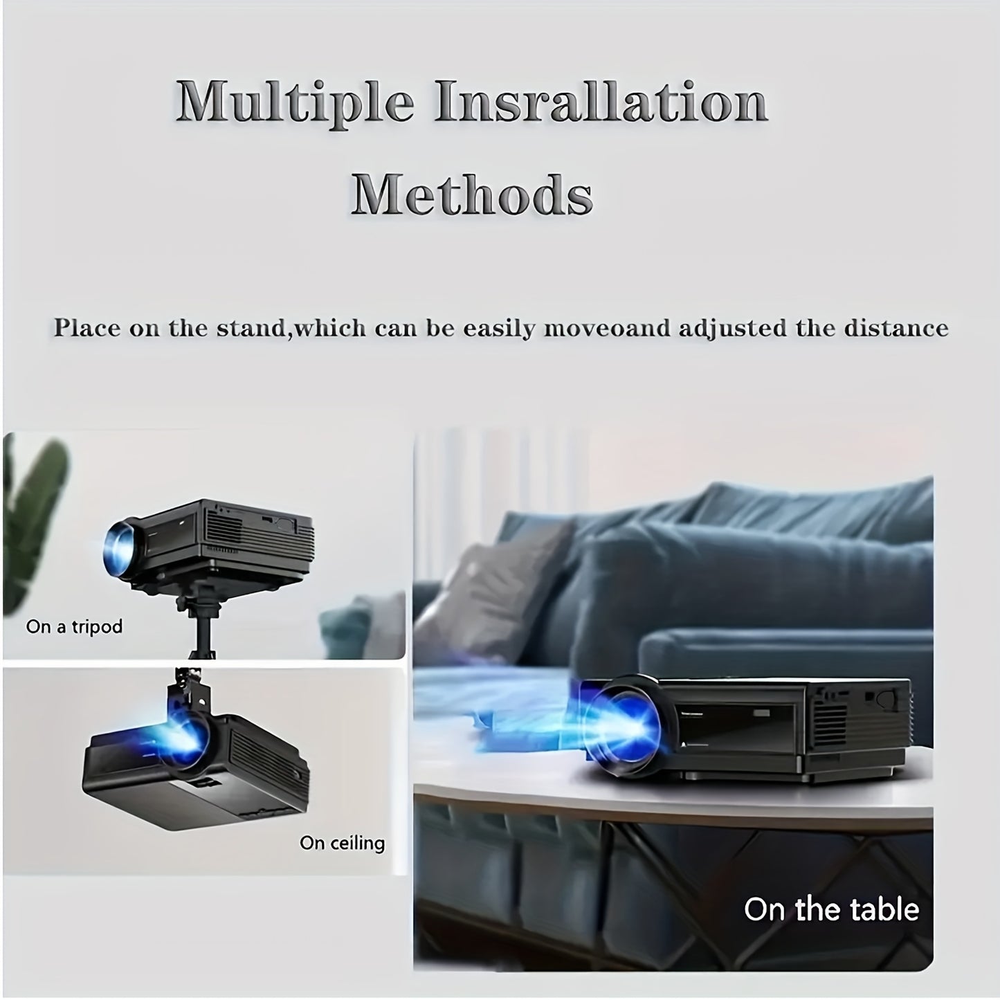 4k wifi projector, 12000 lumens portable native 1080P mini projector for phone 5G, suitable for outdoor short throw movie projection in home cinema and family meeting room.