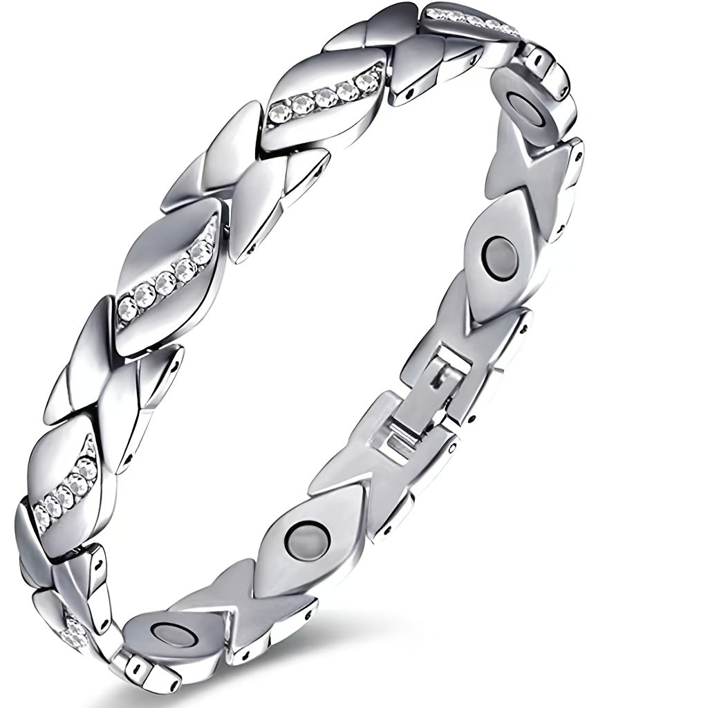 Leaf design magnetic bracelet for women made from zinc alloy with cubic zirconia, ideal for gifting on birthdays, anniversaries, Valentine's Day, or Mother's Day.