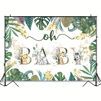 Gender-neutral Jungle Safari backdrop for a shower or birthday party, featuring golden accents, green leaves, and adorable animal illustrations. Dimensions 213.36x152.4cm.