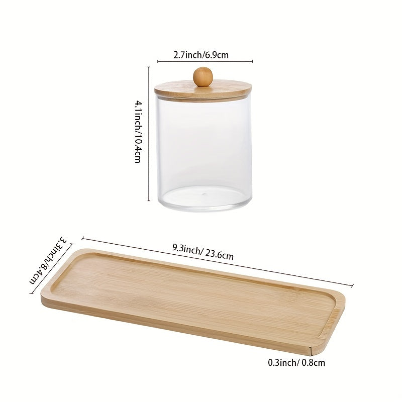 Set of 3 cotton swab/ball/pad holders with tray, apothecary jar with wood lids, and clear bathroom storage containers.