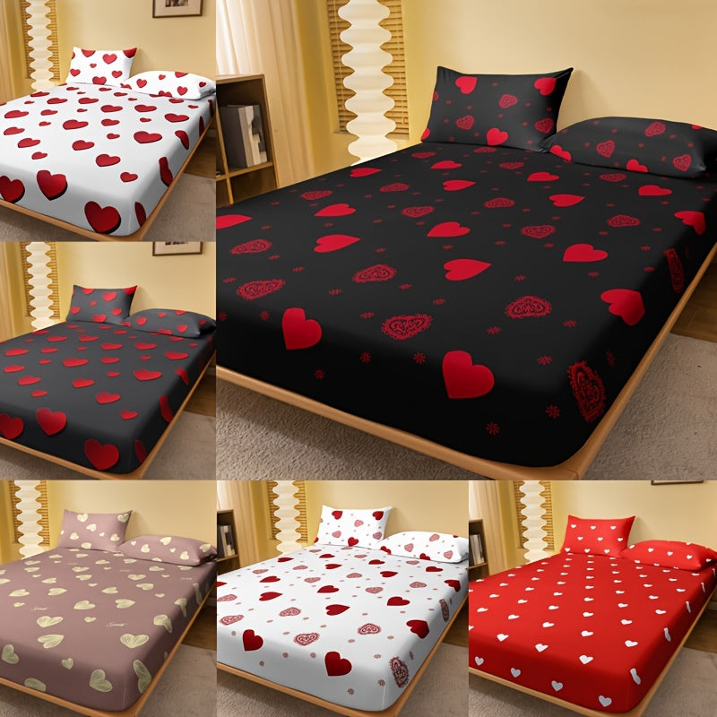 Brushed Fitted Sheet in Red Love Print, 1 Piece (Pillowcase Not Included). Soft and Comfortable Bedding Mattress Protector for Bedroom or Guest Room with Deep Pocket. Fitted Sheet Only.