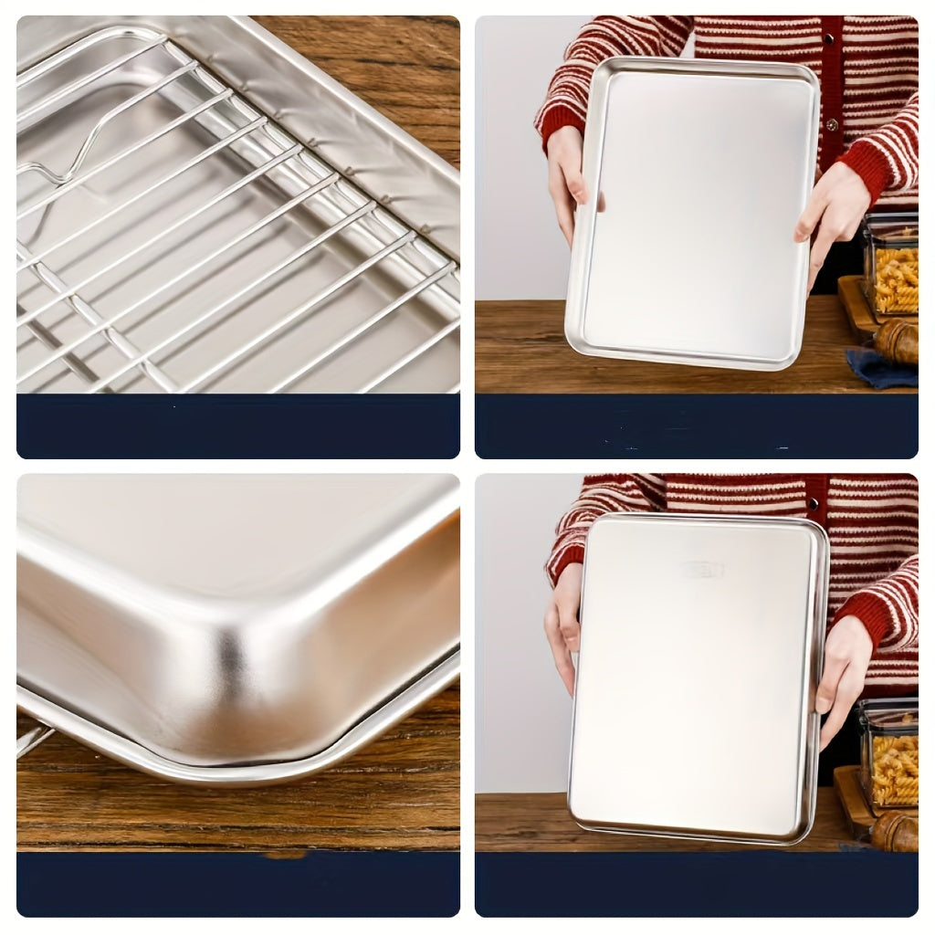 Essential Cooking Tools for Home Chefs: Stainless Steel Kitchen Set with Square Baking Pan, Mesh Drain Rack, Flat BBQ Grill Net, Oven Rack, and Vegetable Prep Tray - Includes 4 Pieces