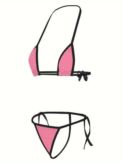 Sexy lingerie set with hot contrast trim, micro triangle halter tie strap bikini bra and thong.