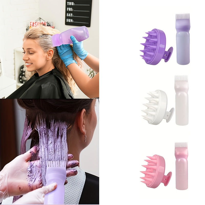 Hair care set includes scalp massage brush, root comb, hair dye bottle, and hair oil bottle. Made for all hair types with ABS plastic and silicone materials. Great for both ordinary and