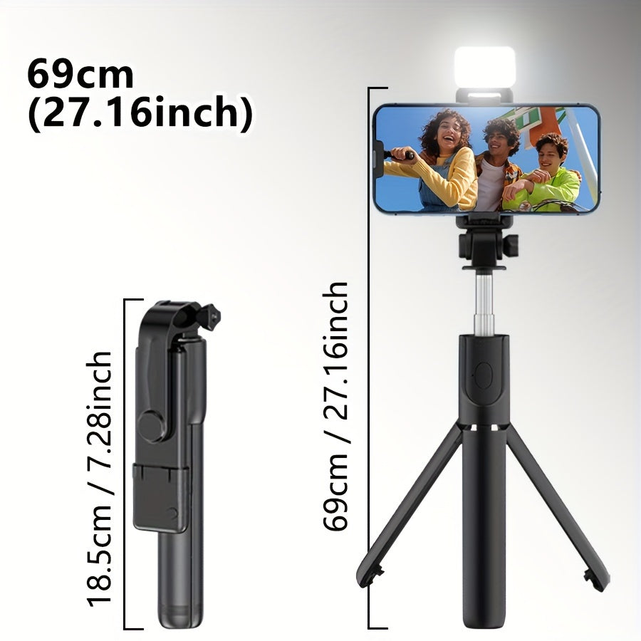 Portable selfie stick tripod with built-in fill light, wireless, anti-shake and 360-degree rotating phone holder for stable and versatile use.