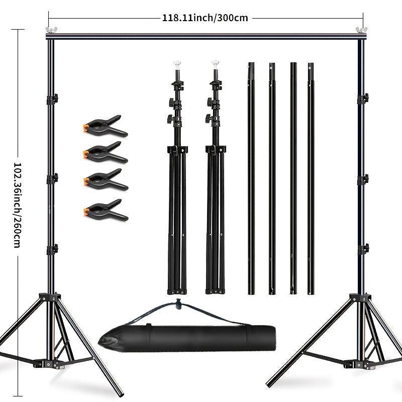 Iron Photography Backdrop Stand System, adjustable height, portable with carrying bag for various events.