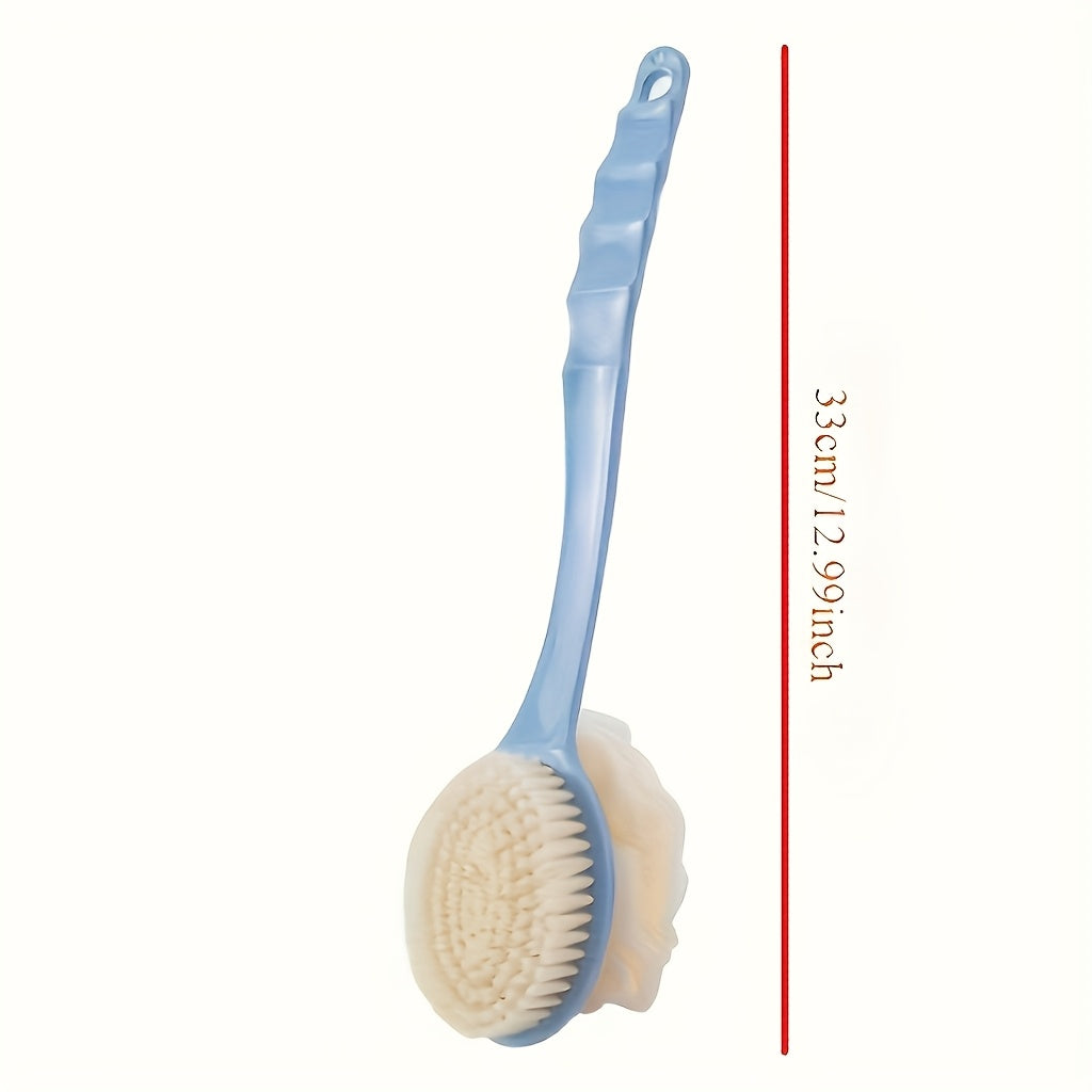 Two-in-one shower brush with soft loofah for back scrubbing, no batteries or oil needed.