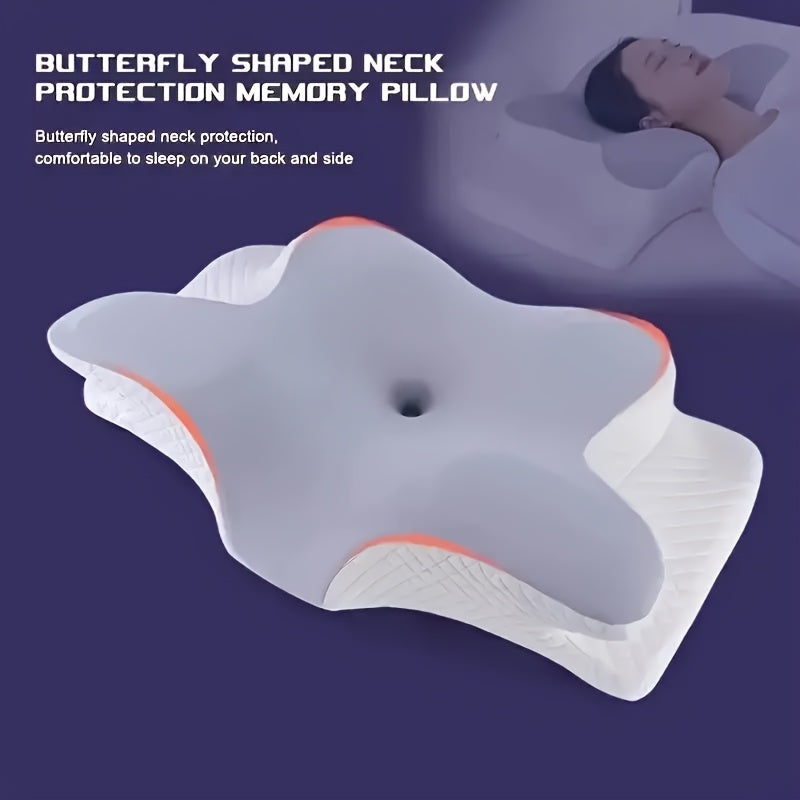 Memory foam Butterfly pillow providing ergonomic cervical spine support for back and side sleepers, with slow rebound and machine washable pillowcase.