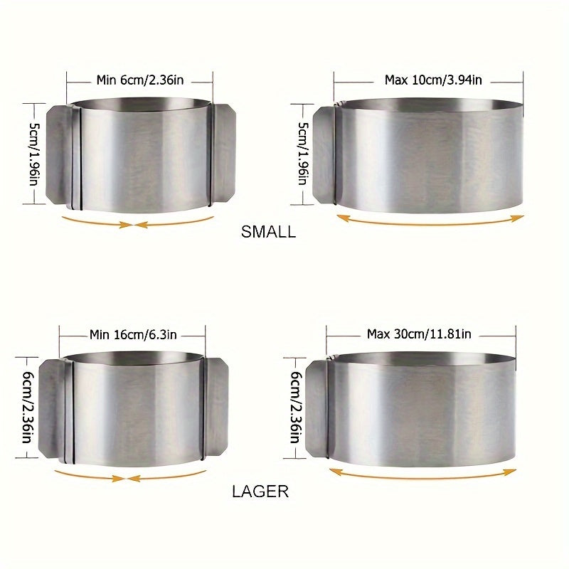 Adjustable stainless steel cake ring mold for baking round cakes and creating retractable mousse cakes, complete with circle baking tools.