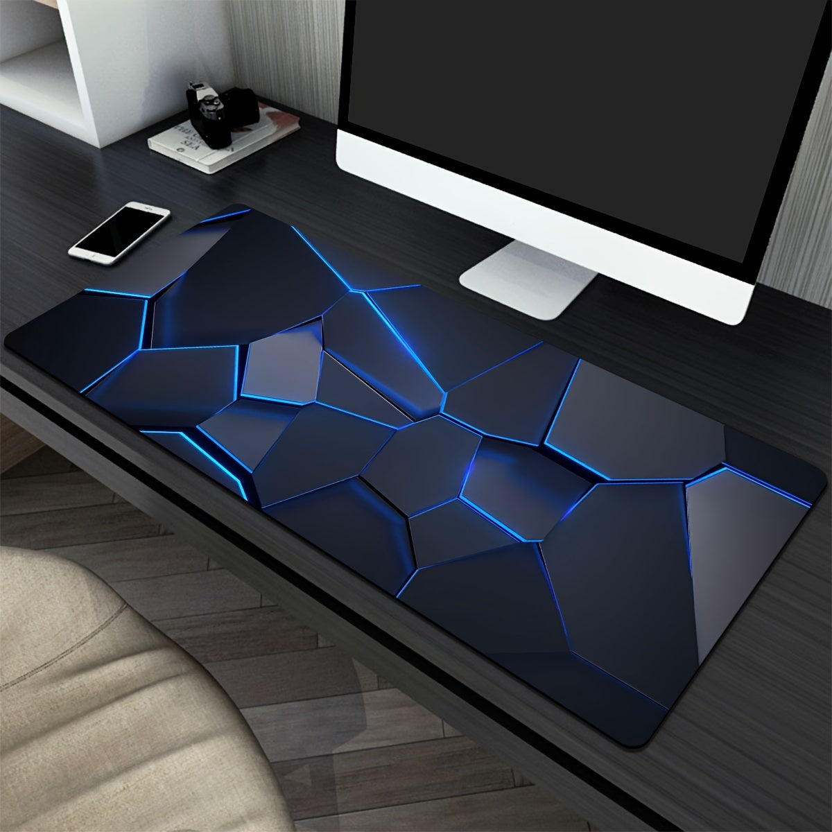 Stylish geometric gaming mouse pad with durable, waterproof, non-slip design. Ideal for gamers, offices, and study. Made of polyester material, no battery required.