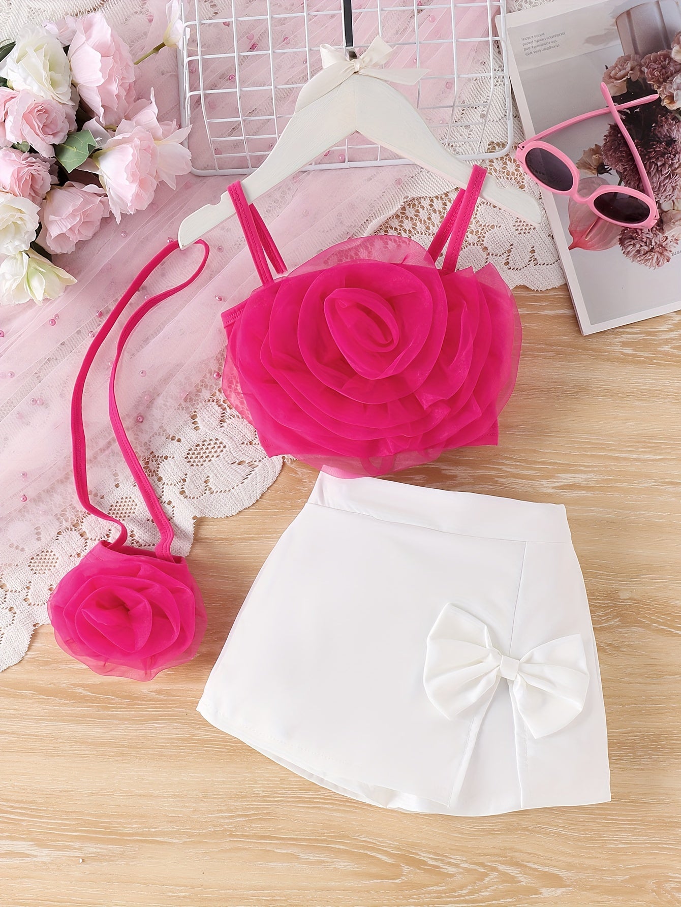 3 piece girls outfit set with cute rose decor camisole and bow skirt, perfect for summer and casual outings.