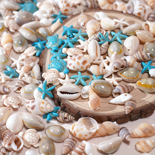 Set of 65 natural shell charms in different sizes for creating your own jewelry, includes shells, starfish, and turtle charms with hand-drilled holes for making bracelets, necklaces, earrings, anklets, and accessories.