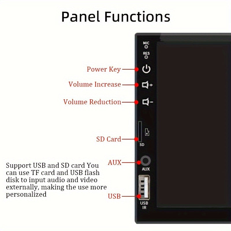 Compact single DIN car multimedia player with 17.78cm HD touch screen, support for wired CarPlay and AndroidAuto, MirrorLink, navigation and music connection. Features touch buttons