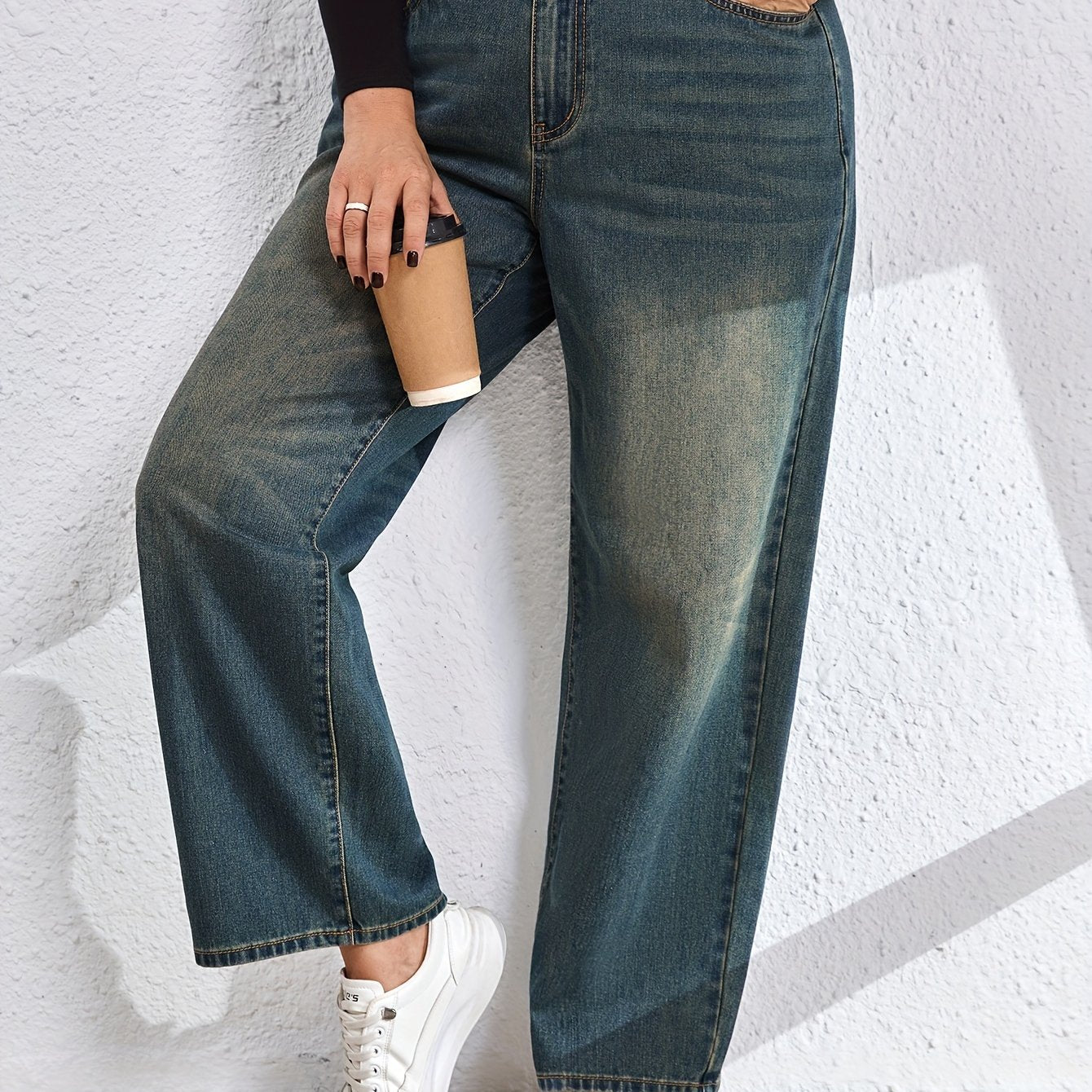 Kiki Angel Straight Leg Jeans, Plus Size, Casual Washed Denim, Solid Color, for Fall/Winter