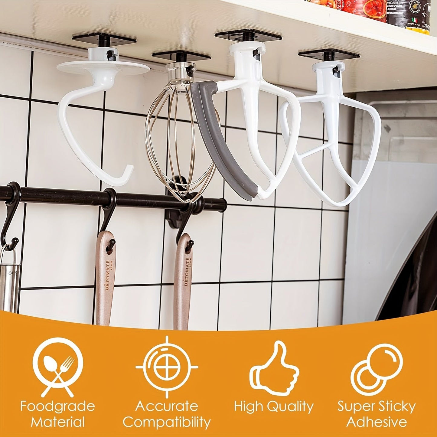 Keep all your stand mixer accessories organized with this set of 4 Pack Mixer Attachment Holders. Compatible with all stand mixer accessories, these storage organizer hooks are perfect for holding your flat beater, wire whip, and dough hook. Easy to