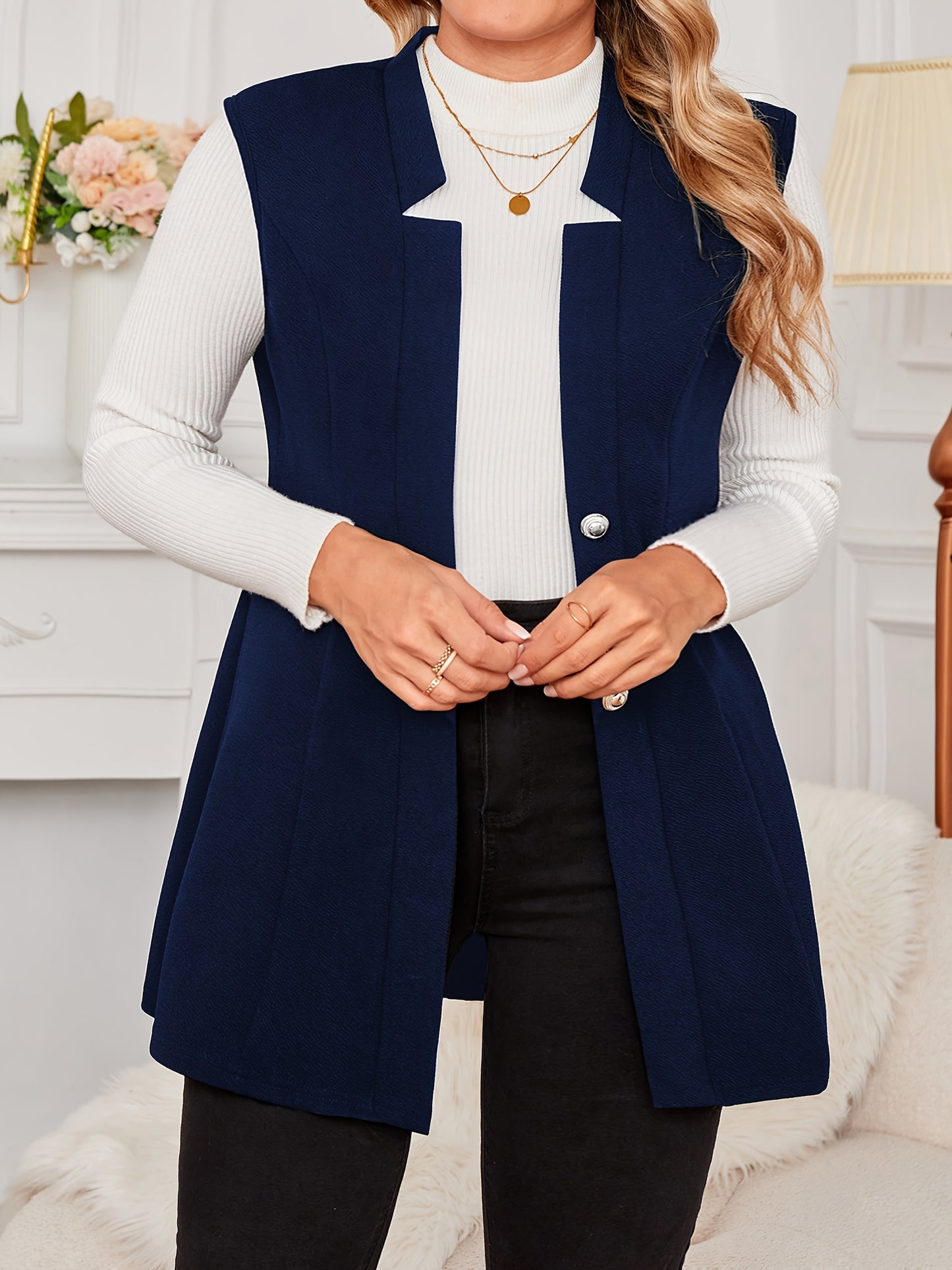 Plus Size V-Neck Lapel Vest - Solid Color Sleeveless Blazer with Button Detail