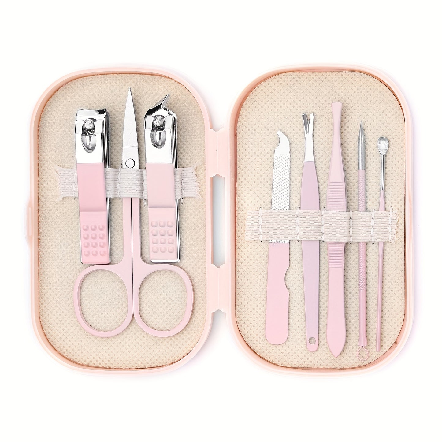 Portable nail art tool set for home use including nail clippers, ear spoon, acne needle, and nail beauty tools.