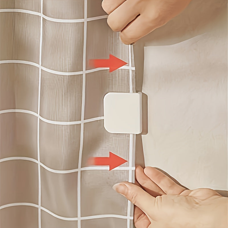 2 self-adhesive clips for shower curtains with grid pattern, prevents splashing, secure hold.