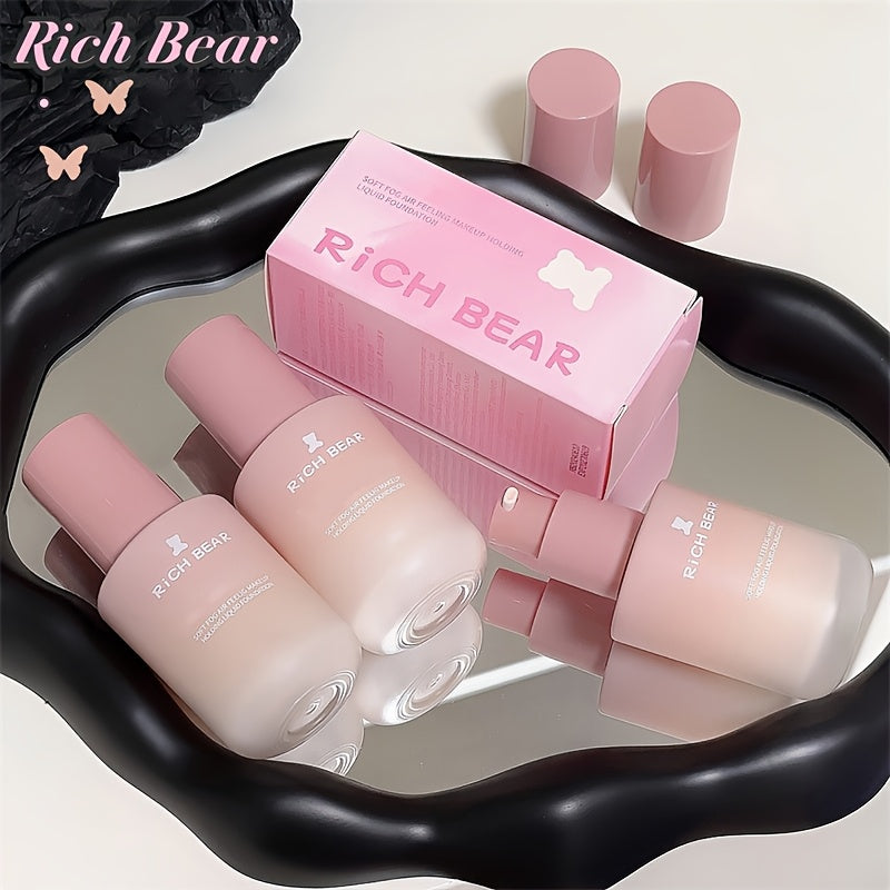 RichBear Soft Mist Long-lasting Liquid Matte Foundation with Oil Control, Concealer, Hydrating, Brightening, Waterproof, and Sweatproof properties.