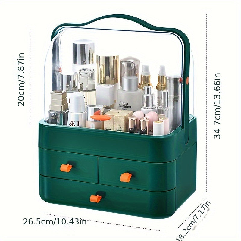 1pc Dust-Proof Cosmetic Storage Organizer, Plastic Makeup Holder with Drawers, Portable at 26.49 x 18.21 x 34.7 cm for Vanity or Bathroom Use