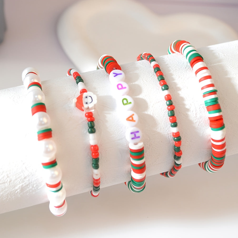 Get ready for the holiday season with this festive Christmas Charm Bracelet Set! Each set includes 10pcs of adjustable bracelets made with elastic polymer clay beads featuring Santa, snowflake, and tree designs. These bracelets are perfect for holiday