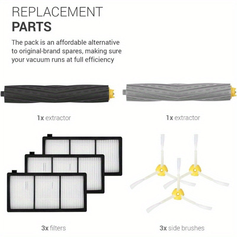 Compatible Replacement Parts for iRobot Vacuum - 800/900 Series, Includes 2 Main Brushes, 3 Filters, 3 Side Brushes, and Extractor, 8pcs Kit