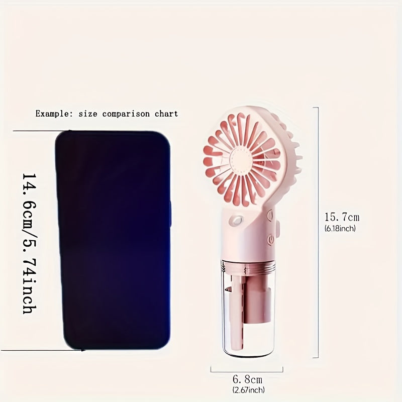 Portable Handheld Misting Fan with USB Rechargeable Battery - Plastic Bladeless Mini Face Steamer Fan ideal for Indoor & Outdoor Use, Features Button Control, 800mAh Lithium Battery, and Comes with Power Cord included.