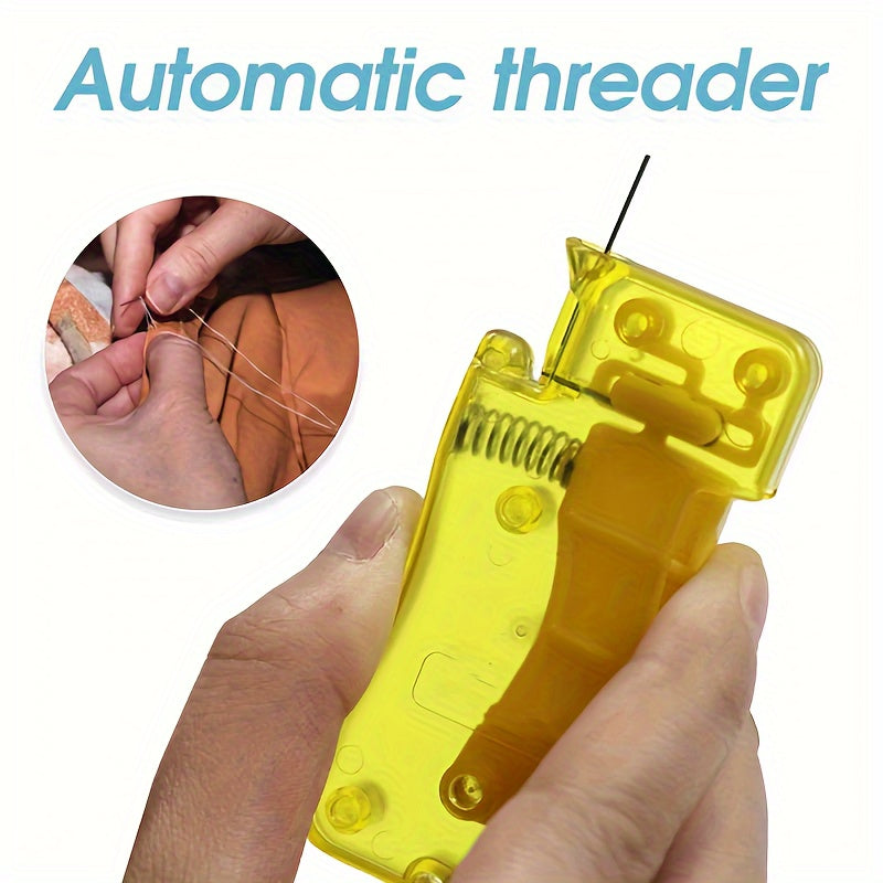 Automatic lemon yellow needle threader for hand and machine sewing.