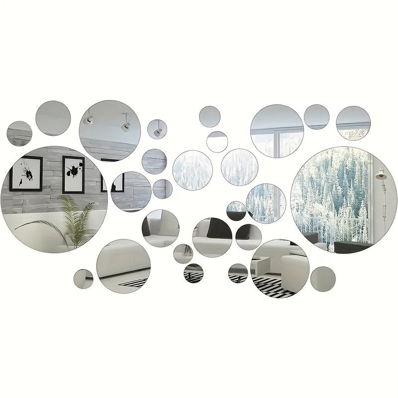 33 round 3D acrylic mirror wall stickers, self-adhesive and removable. Suitable for various rooms. Waterproof and no electricity required.