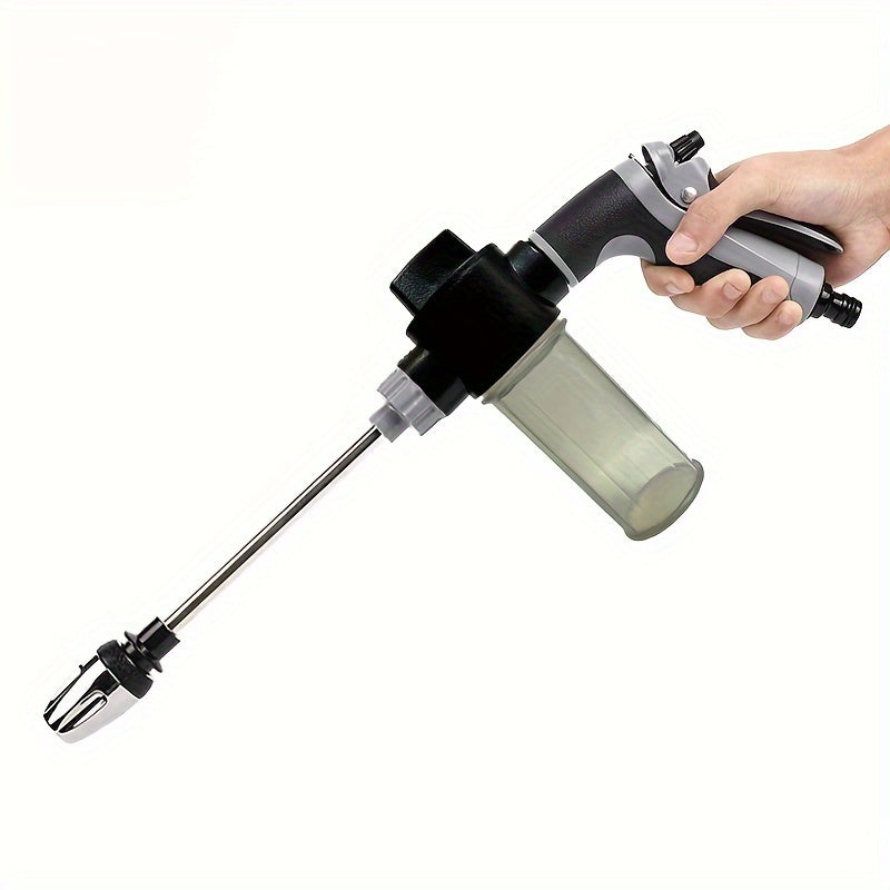 High-pressure foam sprayer gun with an extended wand, suitable for a variety of uses such as car wash, watering plants, and household cleaning. This manual operation tool does not require electricity. Great for all your cleaning needs without the hassle