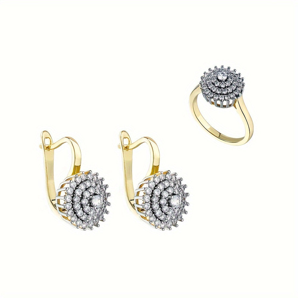 Stunning Jewelry Set Featuring 18K Gold-Plated Hollow Design Earrings & Ring Adorned with Sparkling Cubic Zirconia, Ideal for Everyday Chic or Special Occasions