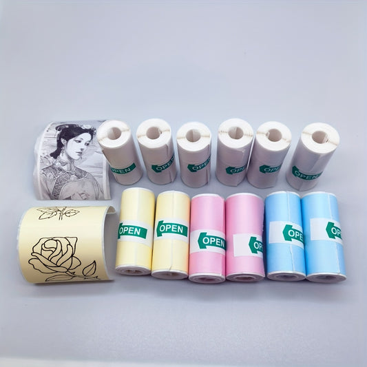 12 Rolls Mini Thermal Printer Paper with 6 color thermal stickers and 6 white thermal paper for mini portable printers, 57X25mm, suitable for mini thermal printers.