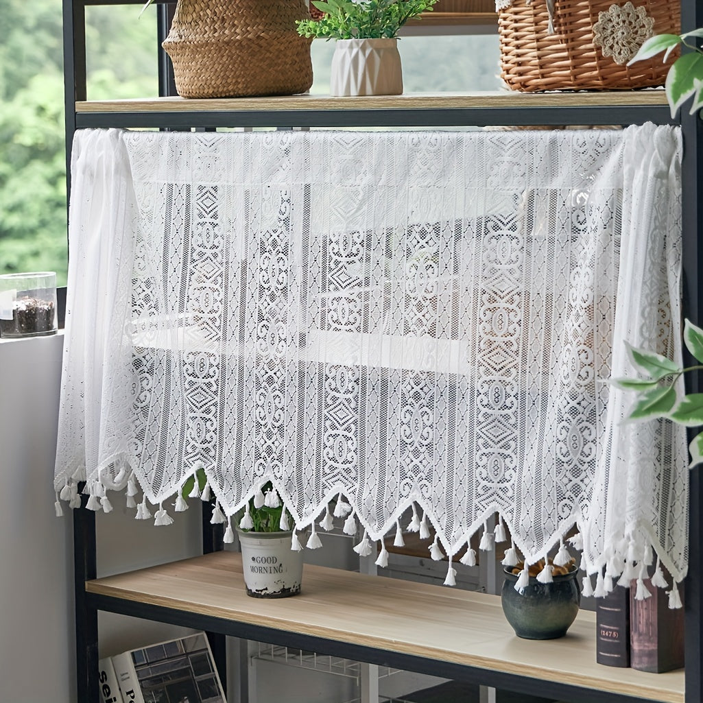 Artistic Boho Geometric Lace Tassel Cafe Curtain Tiers - Made from Polyester, these Semi-Sheer Rod Pocket Kitchen Window Curtains have Thermal Insulated Features. Hand Wash Only. Unique & Cordless Design.