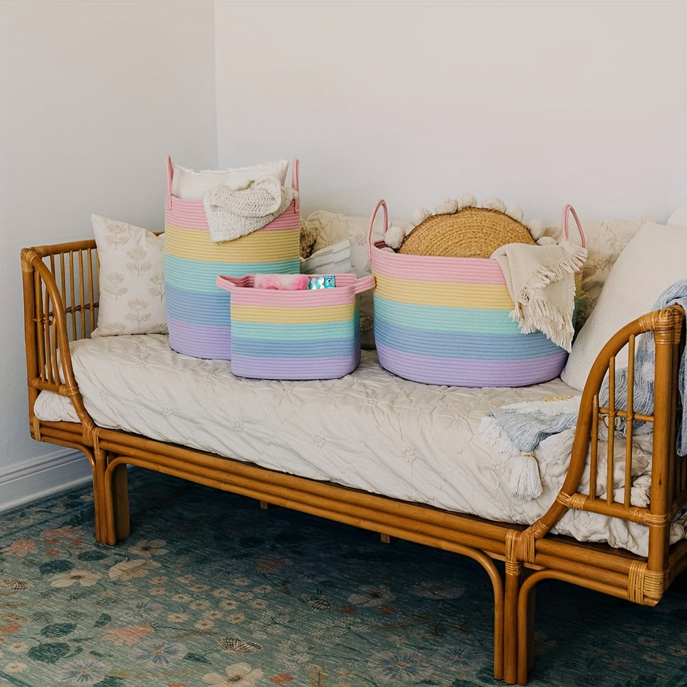 Vibrant rainbow woven basket with handles - 38.1x45.72cm tall for laundry and toys. Ideal for playroom, living room, or youngsters' bedroom. Striped design, durable fabric, easy to carry.