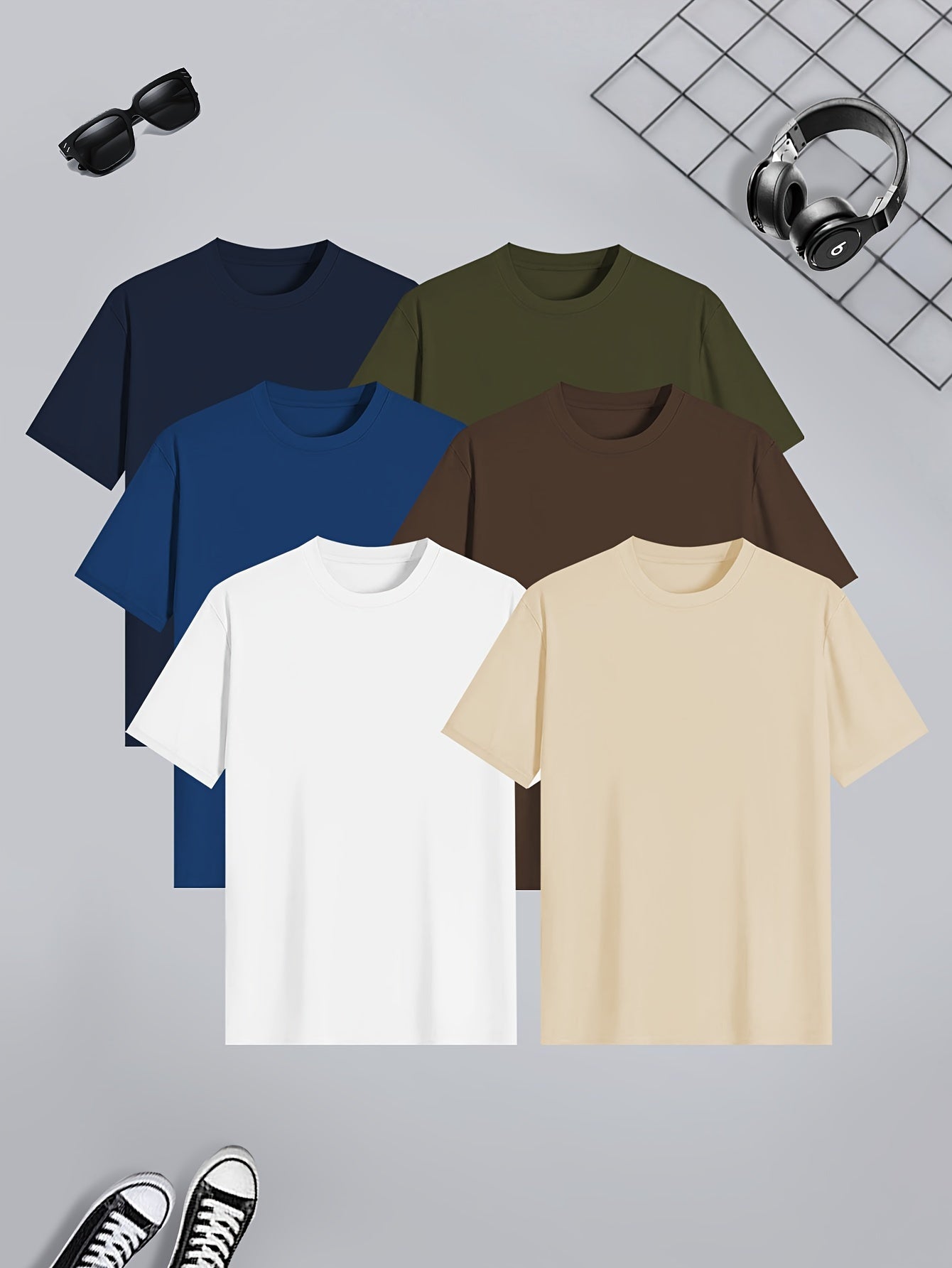 6-piece Men's Solid Color Short Sleeve T-shirt Set