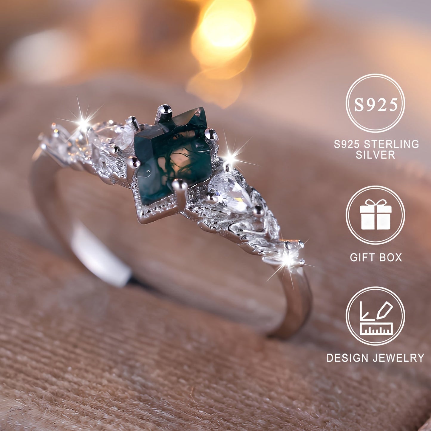 Elegant 925 Sterling Silver Ring Featuring Natural Moss Agate, Geometric Faceted Design, Perfect for June Birthdays or Valentine's Day. High-Quality Jewelry Ideal for Women to Wear Daily.