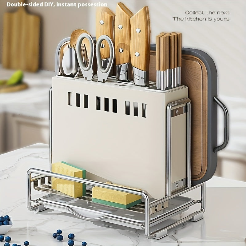 Modern Stainless Steel Kitchen Knife Block with Drain Tray, Multifunctional Cutlery Organizer, Countertop Utensil Holder with Storage Rack - 1 Piece