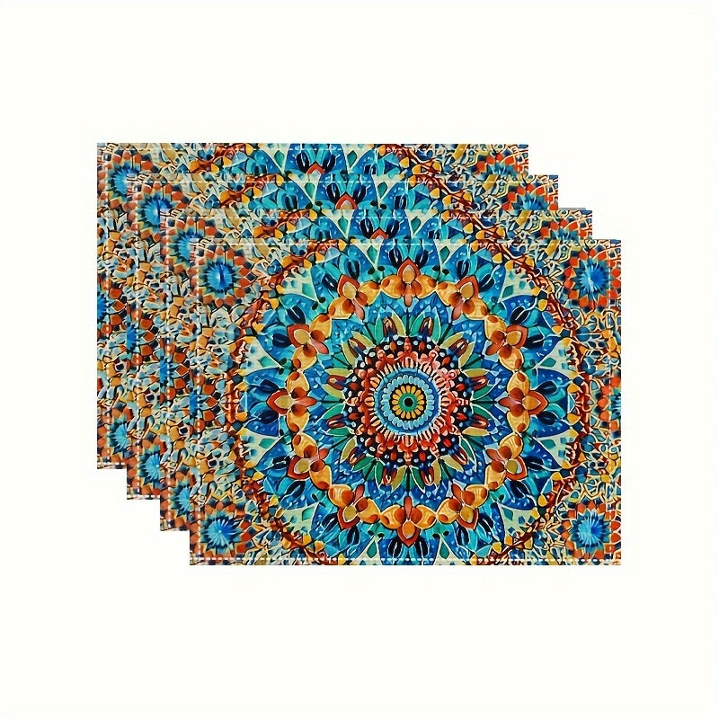 4 Mandala-style placemats with a Persian Bohemian design, heat resistant and washable, suitable for home and restaurant use.