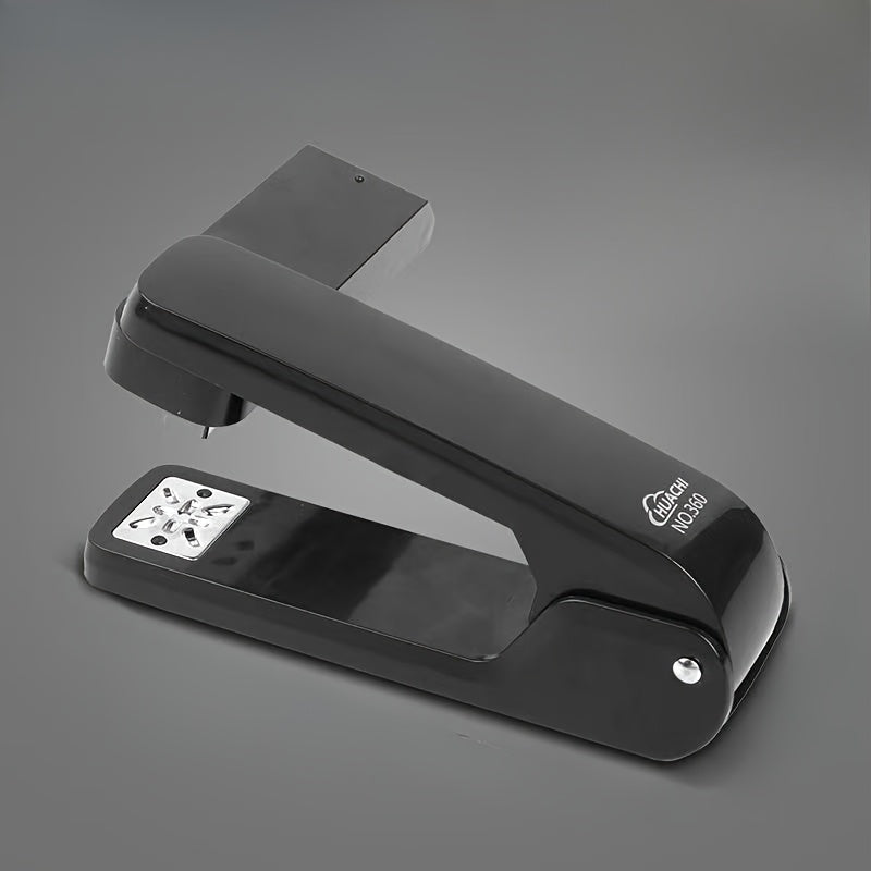 A white desktop stapler that can rotate 360 degrees and staple up to 25 sheets at once.