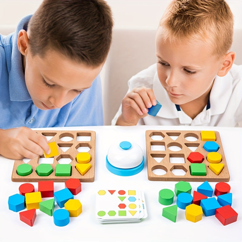 Wooden dual-player battle game with geometric shape matching and building blocks. Enhances youngsters' thinking skills. Colorful two-player desktop competition toy with timer.