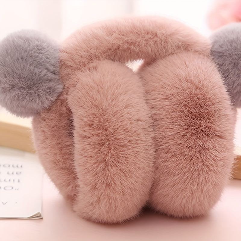 Women's Winter Outdoor Foldable Faux Fur Ear Warmers with Cute Pom Pom Plush Earmuffs in Solid Block Design