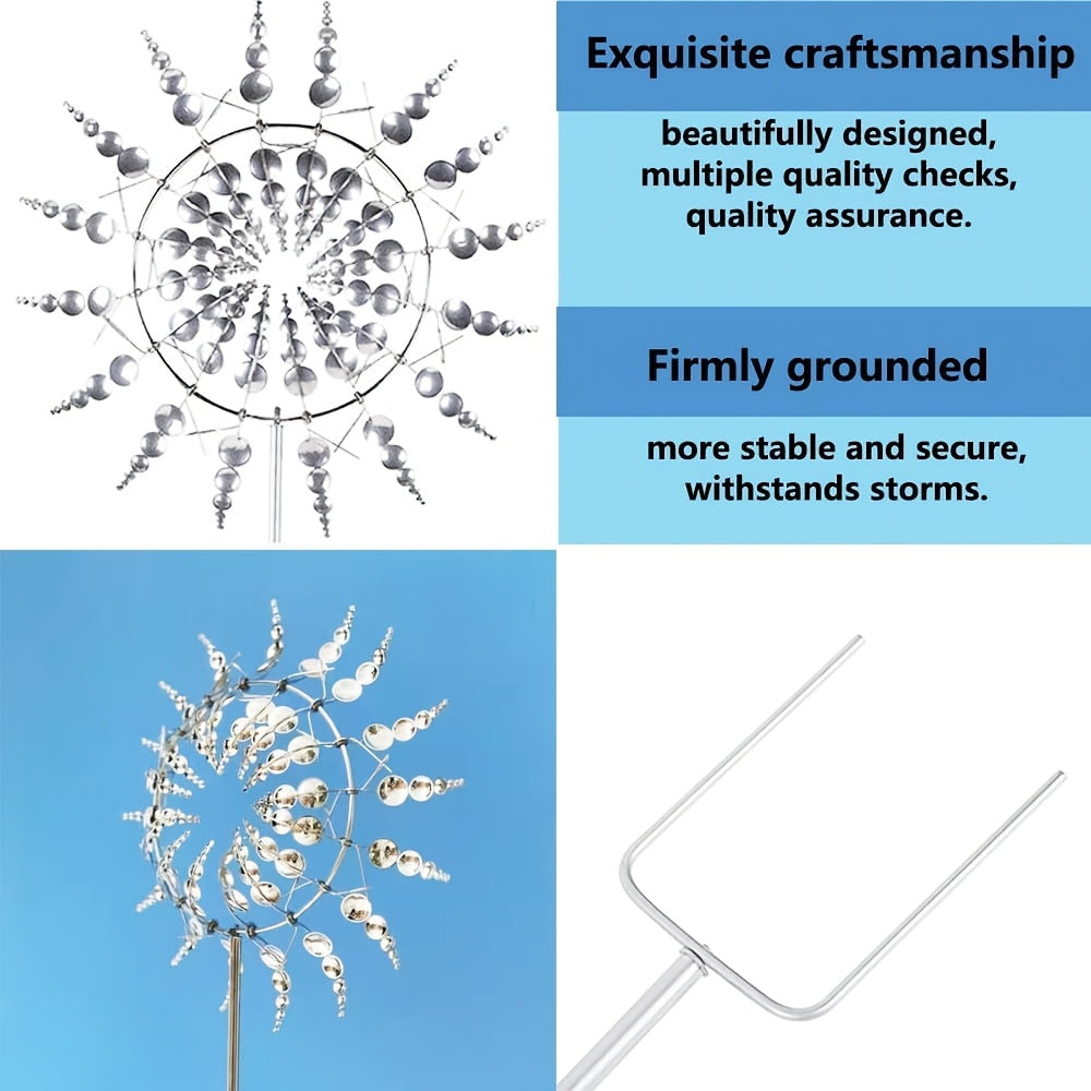 Solar-powered iron wind sculpture with 3D kinetic metal windmill design, ideal for outdoor garden decor.