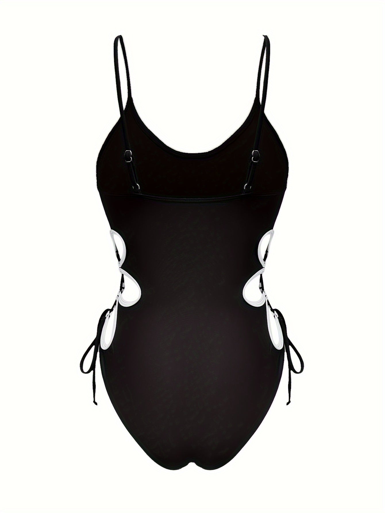 Black swimsuit with white edges, designed for women for beach outings.