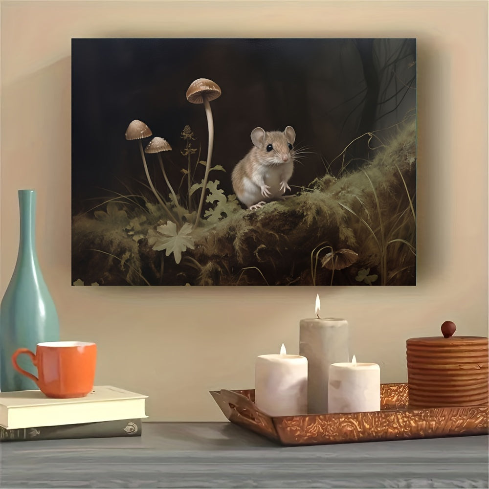 Canvas art featuring a charming mouse and mushrooms in a forest-inspired oil painting print. Ideal for enhancing the decor of a living room or bedroom. Unframed dimensions are 29.97x39.88 cm.