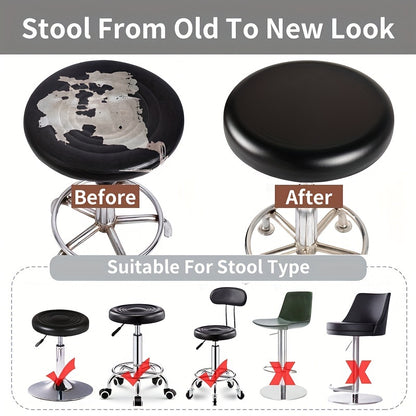 Modern stool chair cover, elastic PU leather material, waterproof slipcover with grip, machine washable, made from polyester and spandex blend, active printing, lightweight fabric for bar salon small round seat protection.