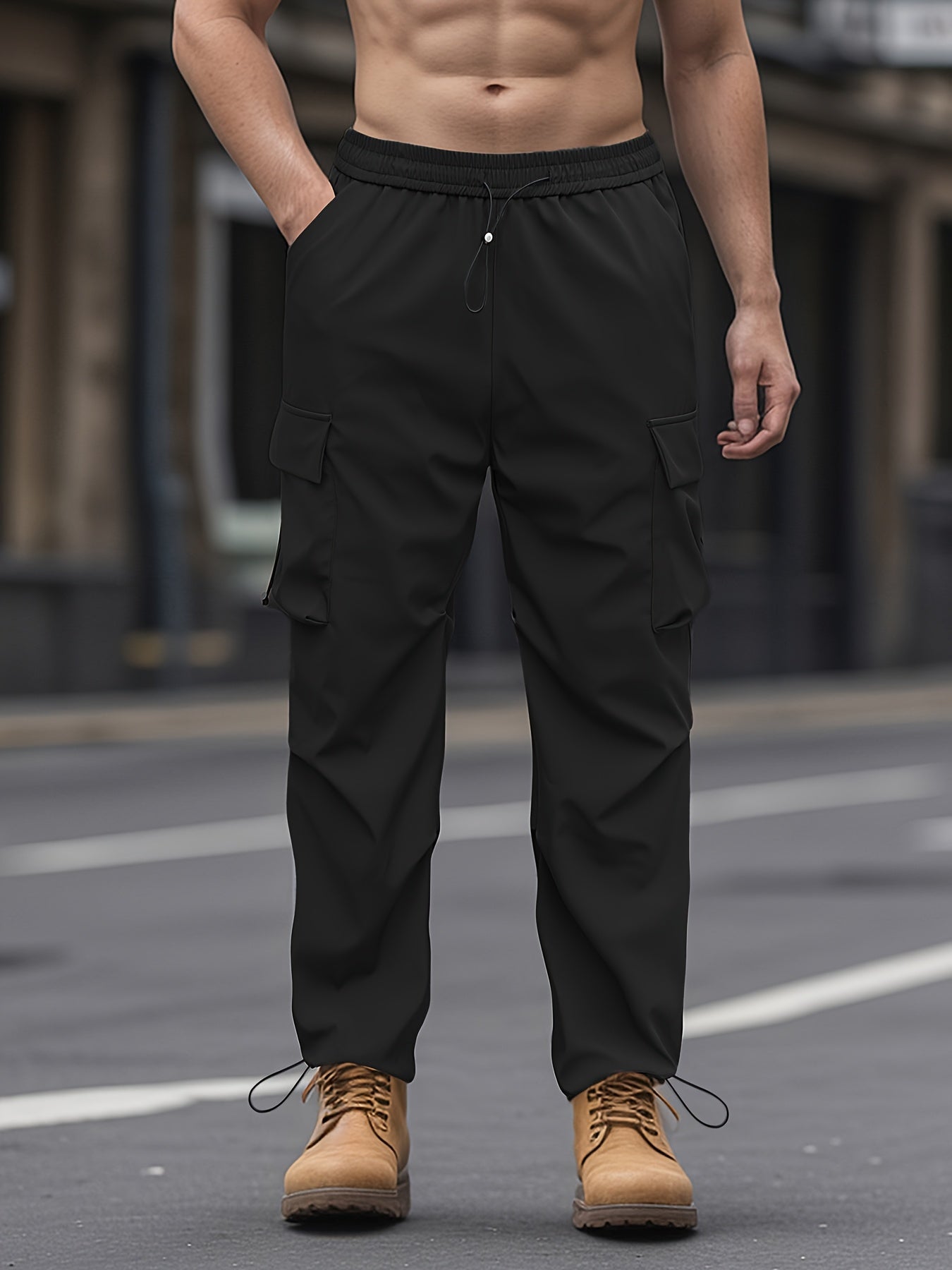 Unisex adult cargo pants with flap pockets, drawstring waist, and solid color.