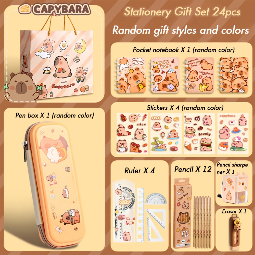 Capybara-themed stationery gift set with notebooks, pens, paper clips, and accessories in a tote bag for students, animal lovers, and student rewards.