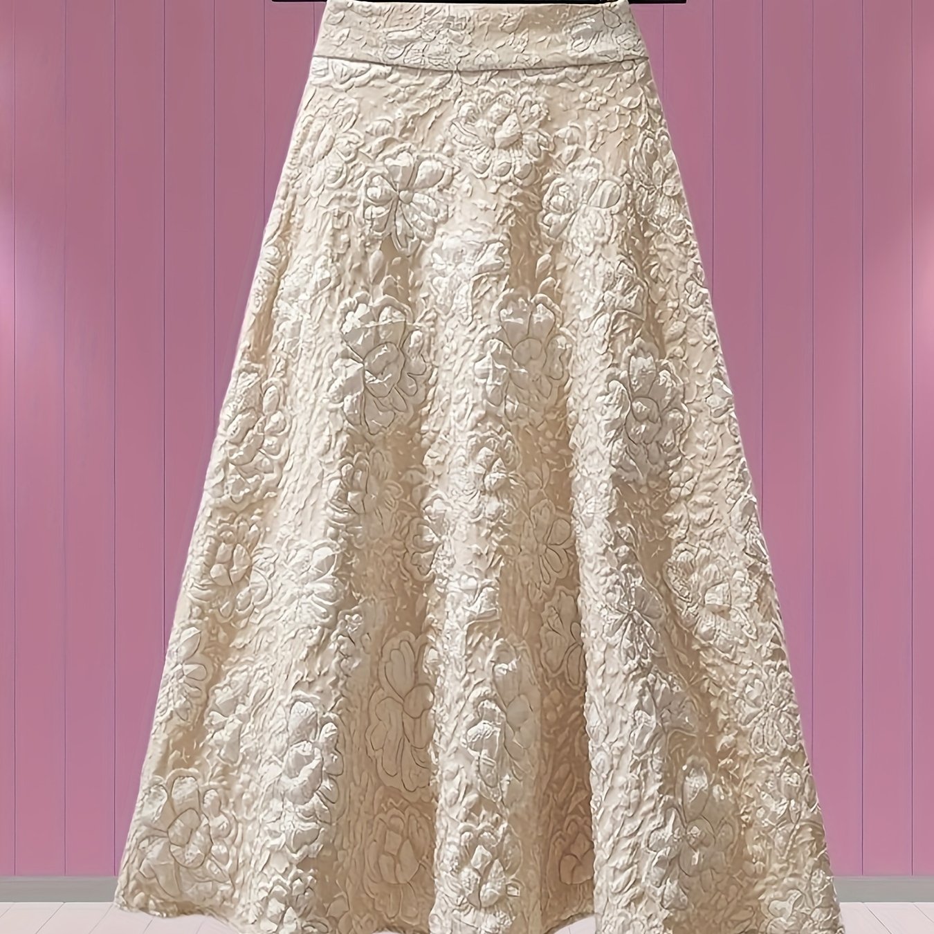 Beige high-waist pencil skirt for women with floral jacquard design, A-line silhouette, made of polyester and machine washable.